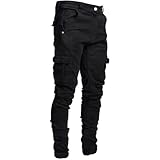 ABSECAI Mens Slim Fit Skinny Stretch Denim Fashion Cargo Jeans Black2 38