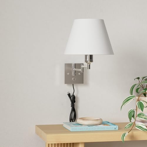 Image of TRLIFE Wall Sconces Plug in, Remote Control Dimmable Wall Sconce and Adjustable Color Temperature 2700K-6500K, Swing Arm Wall Lights with Plug in Cord, 9.4 inch Medium White Fabric Shade(2 Pack, 2 Bulbs)