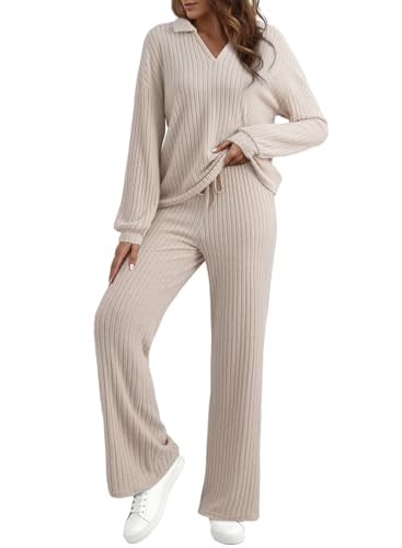 EVALESS Womens Pajama Sets Long Sleeve Sleepwear Matching Drawstring Elastic Pj Pants 2 Piece Lounge Set Soft Comfy Fall Winter Ribbed Knit Loungewear Home Postpartum Airport Outfits Apricot Large