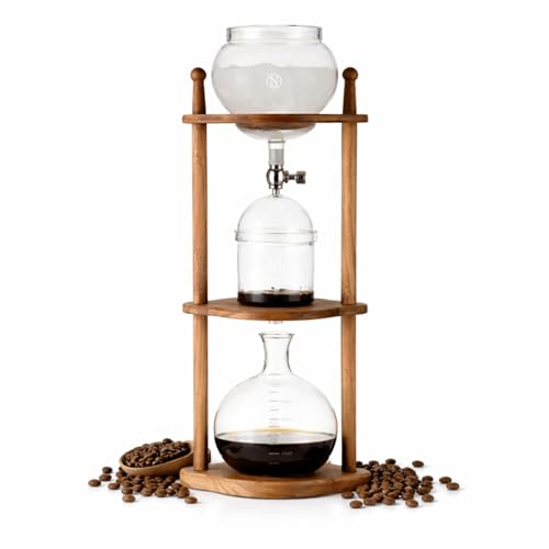 Nispira Cold Brew coffee Maker Ice Coffee Drip Machine with Advanced Slow Drip Technology Borosilicate Glass with Wood Tower, 6-8 Cup, Brown