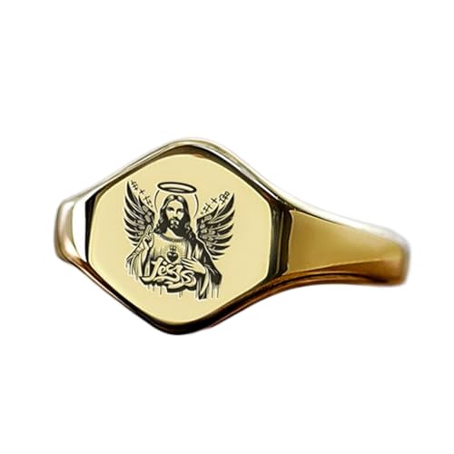 Bague Jésus hexagonale en argent 925 massif avec finitions plaqué or fait main
