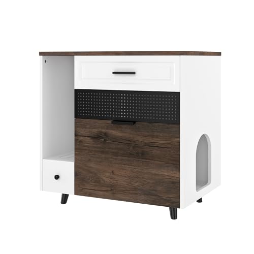 BKNROIHB Stylish Wooden Cat Litter Box Enclosure with Drawers and Door - Multifunctional Cat House End Table