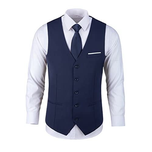 Pyiuhs Mens Suit Vest Solid Color Prom Waistcoat Slim Fit Working Jacket Wedding Dress Suit Vests For Groomsmen Bussiness Navy Blue Xxl #TOP30