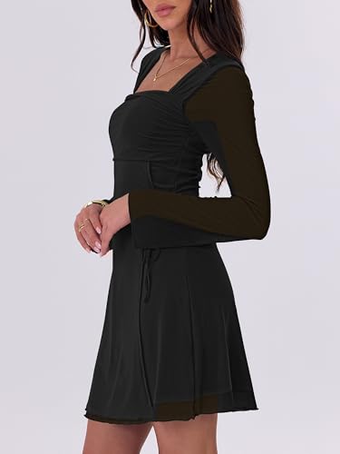 Caracilia Womens Sexy Mesh Ruched Mini Dresses Long Sleeve Square Neck Tie Fall Club Party Cocktail Short Dress 2025 Fashion3