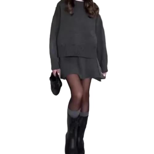 jyyyou Conjunto De Vestido De Punto Estilo Universitario Informal De Color Sólido Nuevo Otoño 2024, Top Corto De Manga Larga, Minifalda De Punto, Trajes (L,Gris Oscuro)