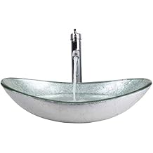 Yanksmark Silver Color Glass Wash Bowl Vessel Sink & Chrome Bathroom Faucet Finish Combo Set Come With Pop Up Drain