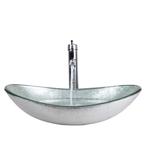 Yanksmark Silver Color Glass Wash Bowl Vessel Sink & Chrome Bathroom Faucet Finish Combo Set Come With Pop Up Drain