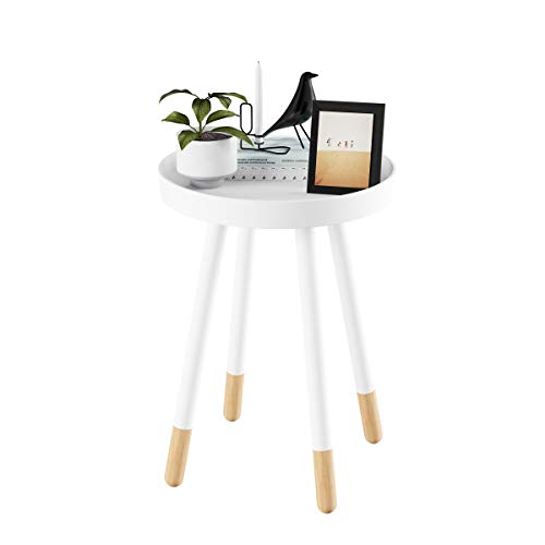 Round End Table - 2-Tone Mid-Century Modern Home Accent Table with Tray Top for Living Room, Bedroom, or Office by Lavish Home (White) - Thumbnail 7