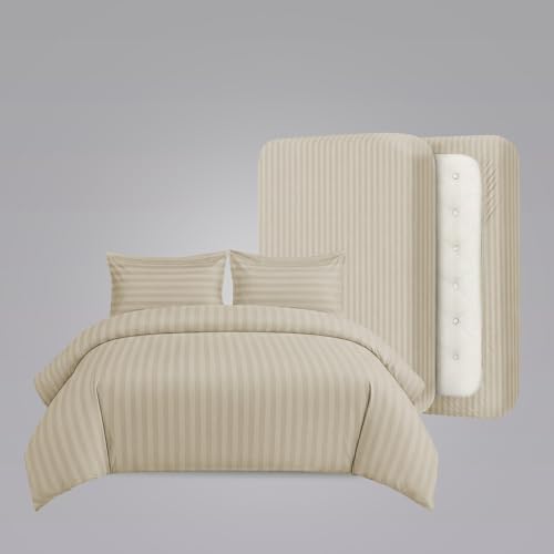 Image of LINENWALAS Cotton 300 TC Fitted Bed Sheet for Single Bed | Signature 2 CM Sateen Stripe Design | All-Around Elastic for 4-8 Inch Mattresses | Luxury Hotel-Style Bedding (36 x 78, Pearl)