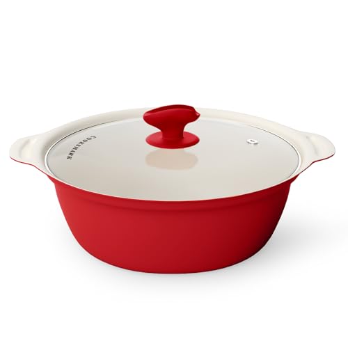 COOKSMARK 鍋IH対応 両手鍋 26cm IH対応オール熱源対応 ガラス鍋蓋付セラミックコーティング 割れない土鍋 菜箸やお玉が置ける レッド