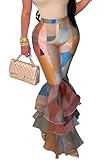 pnahip Women's Bodycon Printed Bell Bottom Pants High Waisted Multi Ruffle Hem Skinny Flare Pant Leggings, Apricot, XXL