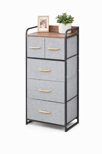Image of Raawan 4 Layer 5 Drawer Fabric Storage Organizer with Wooden Top and Metal Frame, Modern Dresser Storage Unit for Bedroom, Living Room, Office, Kids Room & Closet, Grey (5 Drawer)