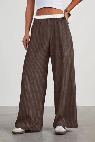 Lesore Womens Striped Color Block High Elastic Waist Wide Leg Pants Trousers Long Straight Suit Pants2