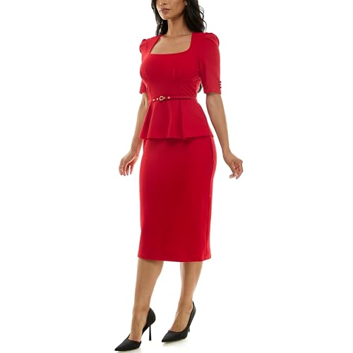 Women's Elbow Sleeve Belted Boucle Peplum Pencil Sheath Midi Dress3