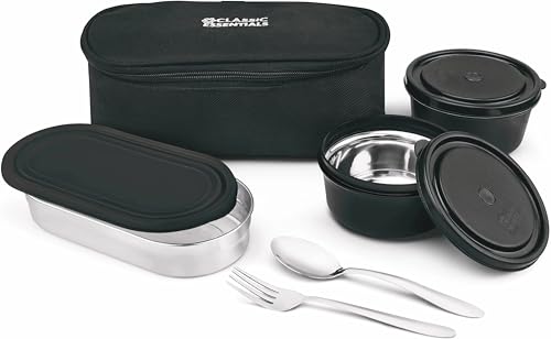 Image of CLASSIC ESSENTIALS Stainless Steel Microwave Safe Lunch Box Set with Cutlery for School, 1 Oval and 3 Containers (1300 ml, Thermoware)