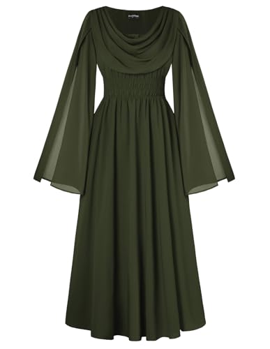 Scarlet Darkness Renaissance Dress Women Split Long Sleeve Elastic Waist Flowy Maxi Dress Olive Green M