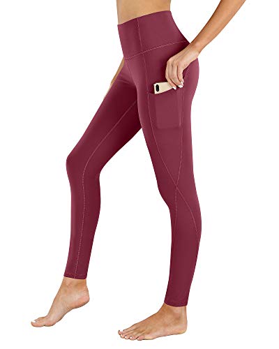 PHISOCKAT High Waist Yoga Pants Women with Pockets, Leggings for Women Tummy Control, Workout Leggings Wine