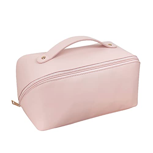 popyes Trousse de Maquillage Portable Trousse de Toilette en Cuir avec Poignée et Compartiment Trousse Cosmétique Voyage Pochette de Rangement Maquillage Sac de Toilette Voyage Grande (Rose Clair) Cover