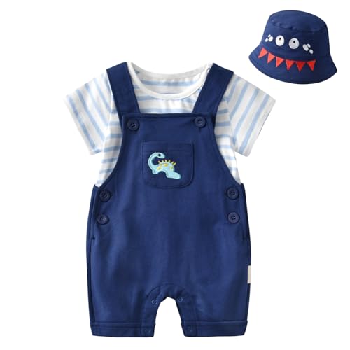 Volunboy Unisex Bebé Verano Conjunto, Casual Manga Corta T Shirt, Pantalones Cortos, Capucha 3 Piezas Traje Ropa(Azul Dinosuar,3 6 meses,Tamaño 59)