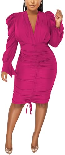 Elegante vestido largo ajustado para mujer, cuello en V profundo, manga larga, vestido midi para fiesta nocturna, 10107 rojo rosa, Large