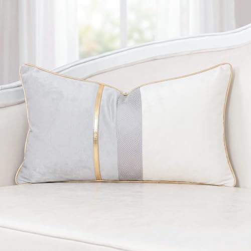 PANOD Patchwork Light Grey Silk-Like Velvet Throw Pillow Cover with Gold Striped Leather Cushion Case Modern Luxury Lumbar Pillowcase for Sofa Couch Bedroom Living Room Home,12x20 inch