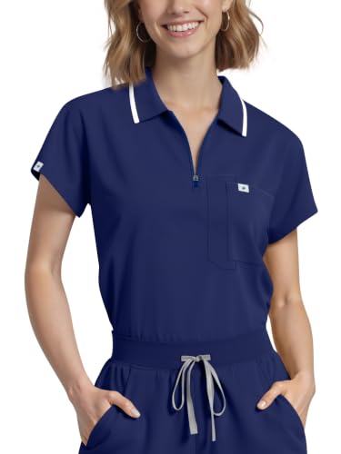 Image of Scrub Tops for Women, Medical Short Length Zip-Front Polo Scrub Top