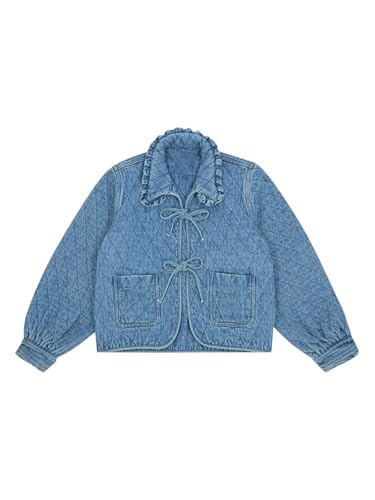 Image of Tankaneo Womens Quilted Denim Puffer Jackets Tie Front Bow Cropped Puffy Jackets Fall Cute Short Jeans Coat