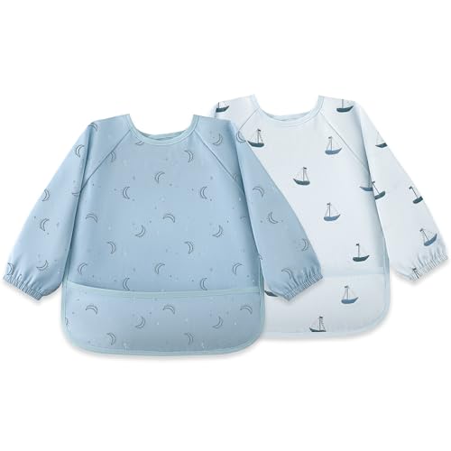Image of Susurration Baby Long Sleeve Bib 2 Pack Waterproof Sleeved Bib Smock for Baby, Baby Reusable Feeding bibs, 6-36 Months Baby Feeding Essentials - Blue Boat