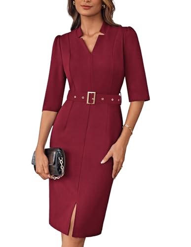 GRACE KARIN 2025 Damen Festlich Kurzarm Cocktailkleid Vintage Slim Fit Party Hochzeit Bodycon Bleistiftkleid Weinrot M