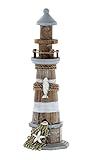 Farbe: braun, weiß, hellblau Leuchtturm Holz blau weiß Deko mit Muscheln & Netz Dekoration Strand Meer Maritim (Höhe 30 cm, braun-weiß)