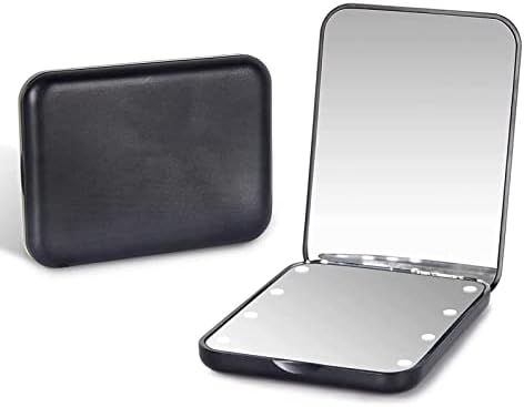 Kintion Pocket Mirror, 1X/3X Magnification LED Compact Travel Makeup Mirror, Compact Mirror with Light, Purse Mirror, 2-Sided, Portable, Folding, Handheld, Small Lighted Compact Mirror for Gift, Black