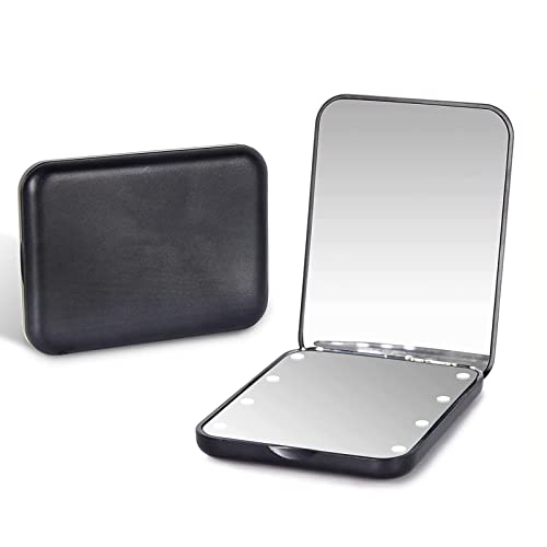 Kintion Pocket Mirror, 1X/3X Magnification Led Compact Travel Makeup Mirror, Compact Mirror With Light, Purse Mirror, 2-Sided, Portable, Folding, Handheld, Small Lighted Compact Mirror For Gift, Black #TOP13