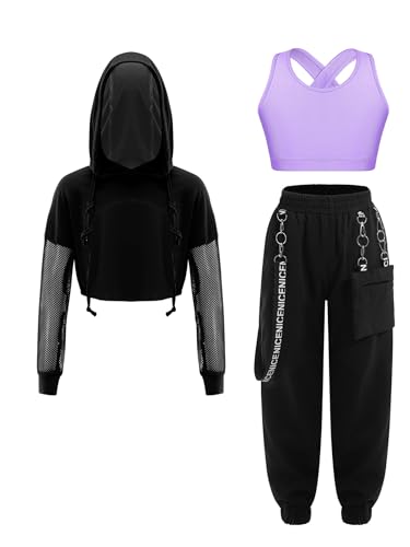 Yruioon Kinder Mädchen Hip Hop Kleidung Trainingsanzug 3tlg. Langarmshirt + Sport BH Crop Tops + Cargohose Sportanzug Jazz Street Dance Outfit Lila 158-164