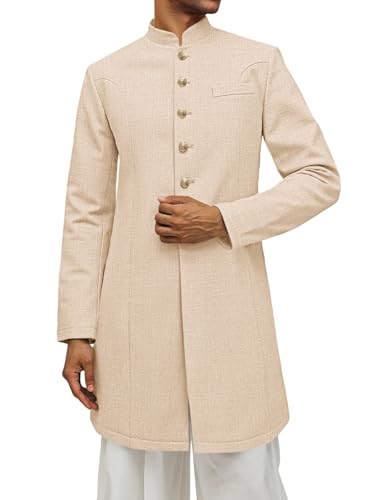 Mens Kurta Coats Indian Mandarin Collar Attire Ethnic Outfits Wedding Festive Party Clothing Casual Kaftan Robe Light Khaki