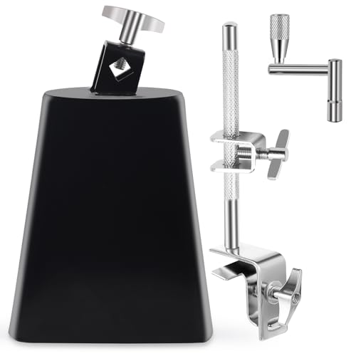 Seteol 6' Cowbell and Cowbell Clamp, Cowbell for Drum Set, Cowbell Holder Percussion Accessory, Adjustable Drum Cowbell Mount for Bass Drum Hoop Up or Down, Cow Bell Musical Instrument with Drum Key