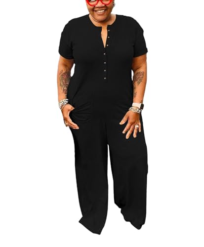 YeGine Plus Size Women Short Sleeve Loose Jumpsuit Casual Rompers One Piece Button Up Wide Leg Jumpsuits Black 3XL