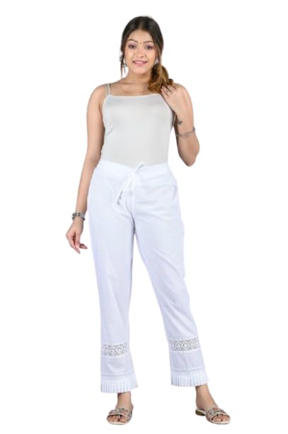Women's Cotton Regular Fit High Rise Palazzo Pants with Lace Detail, Drawstring Waist, Ankle Length