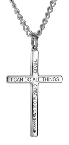 Shields of Strength Men's Cross Necklace with Philippians 4:13 Bible Verse, Stainless Steel or Gold Plated, 18-30" Chain2