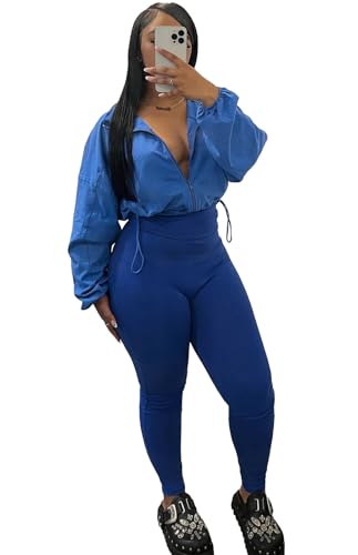 Uni Clau Womens 2 Piece Outfit Tracksuit Zip Up Long Sleeve Drawstring Crop Jacket Top Bodycon Leggings Pants Sets Sweatshirt