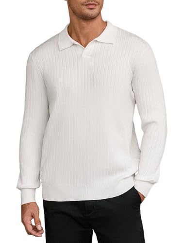 Hardaddy Men's Ribbed Knit Sweater Long Sleeve Polo Sweater Collared V Neck Polo Shirts Casual Solid Pullover Tops White XXL — view 2