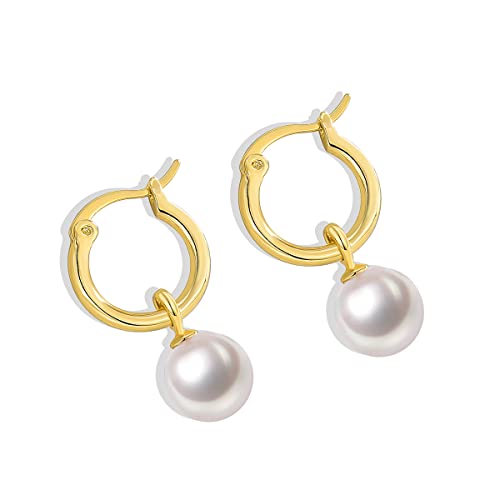 14K Gold/White Gold Plated Minimalist Pearl Hoop Earrings,Huggies Dangle Earrings Jewelry