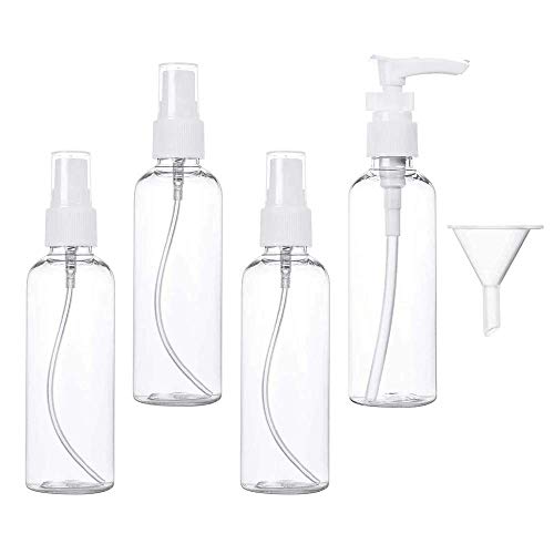 Preisvergleich Produktbild Sprühflasche Klein, 4×100ml Transparente Leer Feinen Nebel Sprühflasche Reise Sprayflasche Set mit Trichter, Plastik Parfümzerstäuber Pumpflasche Zerstäuber Flaschen Für Flugreisen Kosmetik Zubehör
