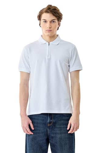 Image of SNITCH Men Polo T-Shirt | Modern Zip Closure & Textured Weave Design | 100% Cotton Breathable Fabric & Regular Fit Minimalist Style, Versatile Casual Wear