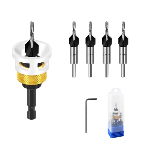 ACESOME Juego de 6 brocas avellanadoras cónicas, juego de avellanadores HSS, avellanadores de acero al carbono con tope de profundidad, broca avellanadora para madera con vástago hexagonal de 1/4