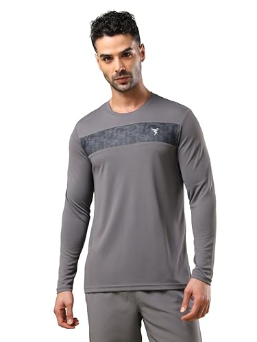 Image of TECHNOSPORT Men Polyester Self Design Chest Print Slim Fit Long Sleeve T-Shirt for Gym, Workout and Regular Use with SPF50+