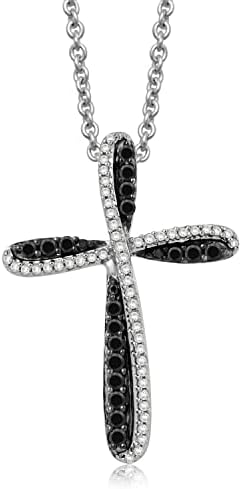 Jewelili Sterling Silver with 1/3 Cttw Treated Black and Natural White Round Diamond Cross Pendant Necklace, 18" Rolo Chain