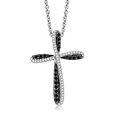 Jewelili Sterling Silver with 1/3 Cttw Treated Black and Natural White Round Diamond Cross Pendant N