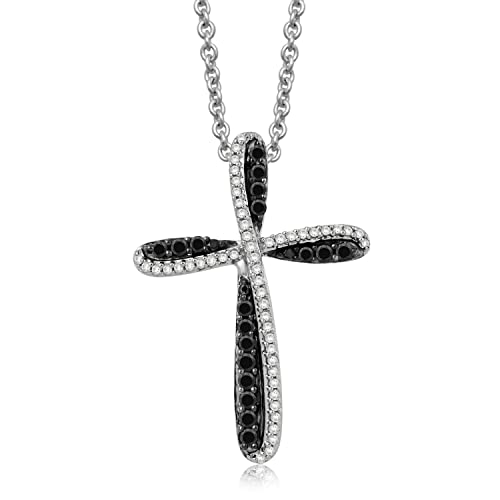 Jewelili Sterling Silver Cross Pendant Necklace for Womens | 1/3 CTTW Treated Black and Natural White Round Diamonds | 18