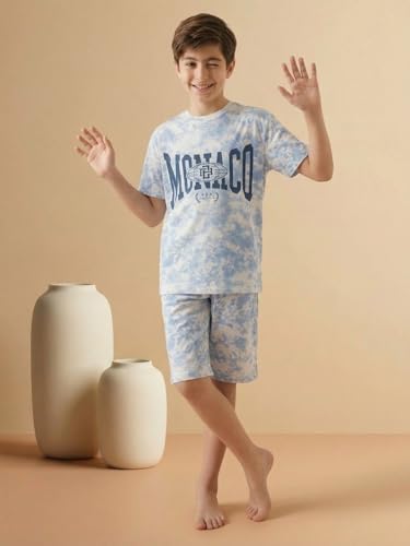 Image of Li'l Tomatoes Boys 100% Cotton Night Suit Set | Half Sleeve T-Shirt & Shorts | Color Block & Typography Print | Soft & Breathable Sleepwear | Casual Summer Wear | 9-16 Years
