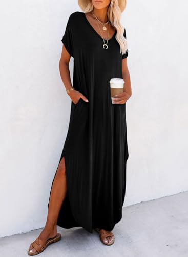 Dokotoo Womens Summer Dresses 2025 Short Sleeve Long T Shirt Dress Split Maxi Dress Beach Sundresses with Pockets - Image 4